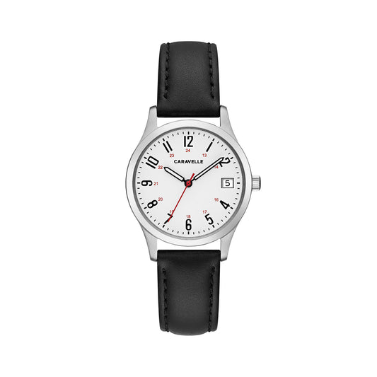 Ladies Black Leather Strap Watch with White Dial and Date Marker